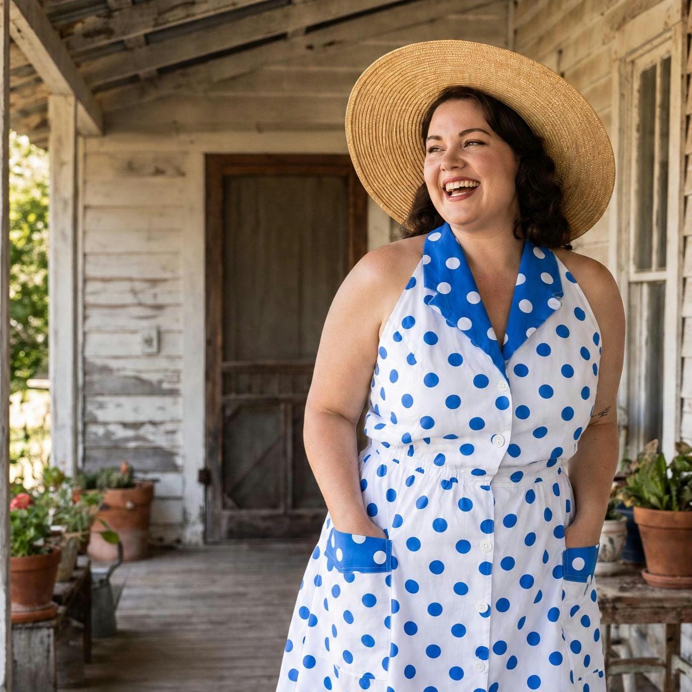 blue and white polka dot dress plus size 1980s Halter | Vintage 5X Sun Dress Swing dress with