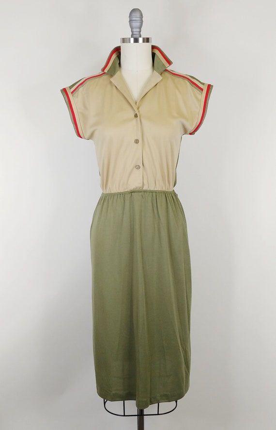 1970s Sporty Stripe Dress | Vintage 70 Khaki Oliv… - image 2