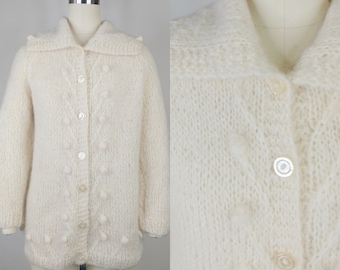 1960s Cream Mohair Pom Pom Cardigan | Vintage 60s Knit Button Down Sweater