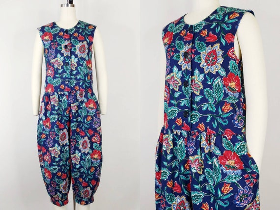 1990s Floral Garden Print Cotton Jumpsuit | Vinta… - image 1