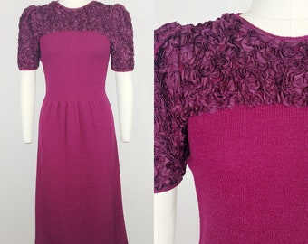 1970s does 1930s Knit Dress  | Vintage 70s Dark Magenta Puff Sleeve Dress | Women's Clothing