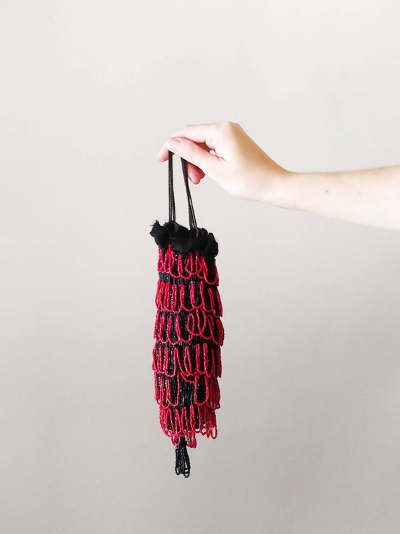 Victorian 1900s Black and Red Beaded Reticule wit… - image 3