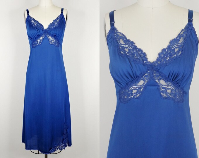 1970s Shadowline Royal Blue Dress Slip Vintage 70s Nylon Satin Full