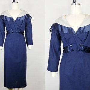 1940s Oleg Cassini Navy Blue Rayon Bertha Collar Wiggle Dress | Vintage 40s Dark Blue New Look Cocktail Dress | Women&#39;s Clothing XS Small