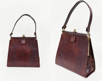 1940s Lizard Skin Handbag | Vintage 40s Brown Reptile Purse | Women's Accessories