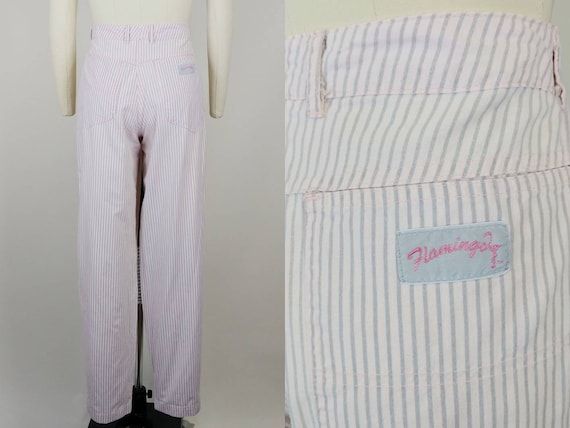 1980s Flamingo Pink Grey Pinstriped Cotton Pant S… - image 6
