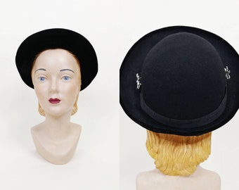 1940s Black Wool Velvet Brimmed Bowler Hat  | Vintage 40s Derby Breton Hat | Women's Hats  Small