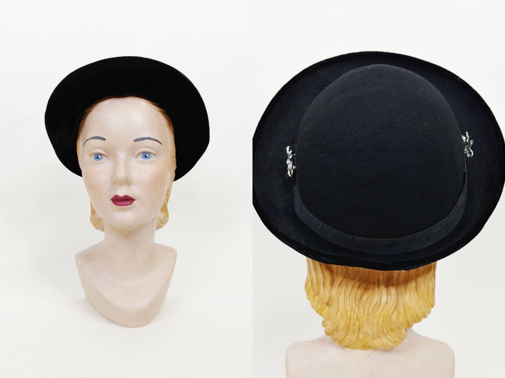 1940s Black Wool Velvet Brimmed Bowler Hat | Vintage 40s Derby Breton Hat | Women's Hats Small