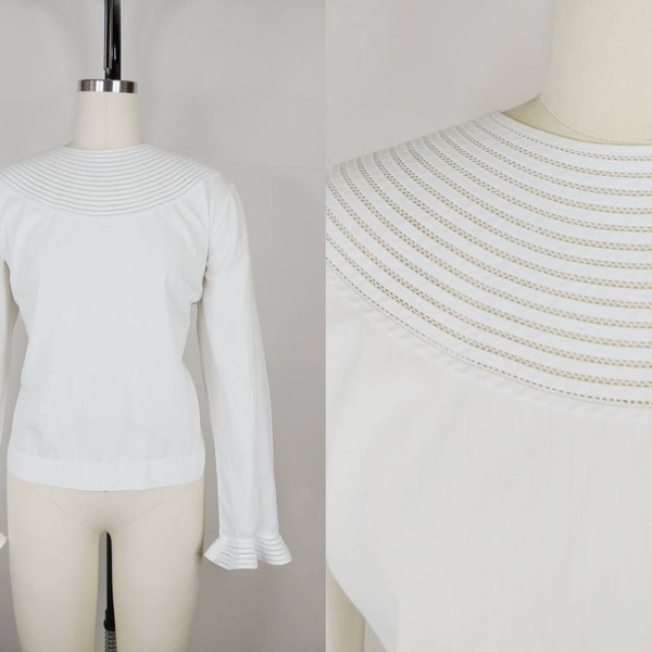 1950s Bib Collar Lattice Loop Stitched White Cotton Button Back Blouse | Vintage 50s Long Sleeve Top | Women's Clothing Large