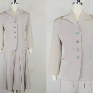 1940s Beige Gabardine Tailored Skirt Suit | Vintage 40s Pleated Skirt and Blazer Jacket Set | Women&#39;s Clothing