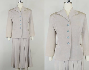 1940s Beige Gabardine Tailored Skirt Suit | Vintage 40s Pleated Skirt and Blazer Jacket Set | Women's Clothing