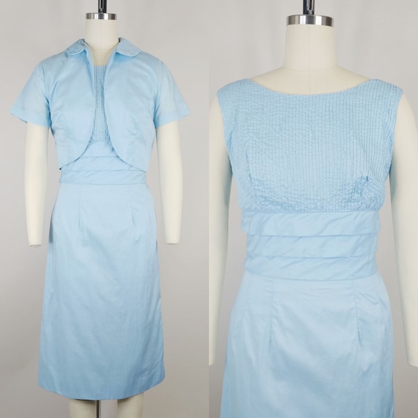 1960s Light Blue Cotton Wiggle Dress Set | Vintage 60s Sheath and Short Sleeve Bolero Jacket | Women's Clothing Small Medium