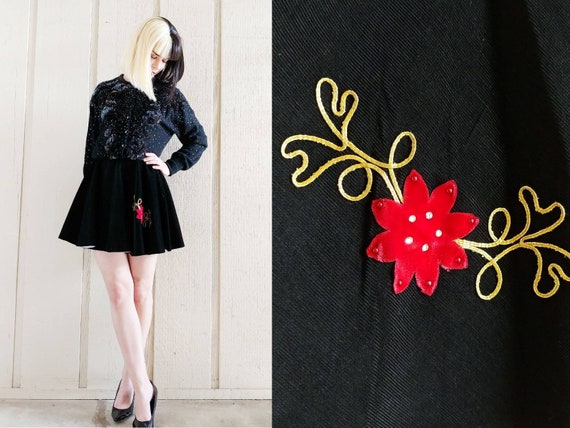 1940s Skater's Skirt | Vintage 40s Black and Red Corduroy Applique Ice Skating Skirt | Women's Sportswear XS 25 Waist