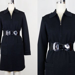 1980s Andrea Jovine Black Wool Double Knit Shift Dress | Vintage 80s Zip Front Collared Sweater Dress | Women&#39;s Clothing Medium