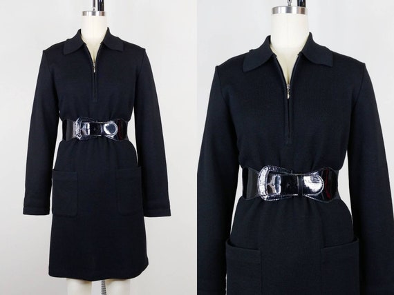 1980s Andrea Jovine Black Wool Double Knit Shift … - image 1