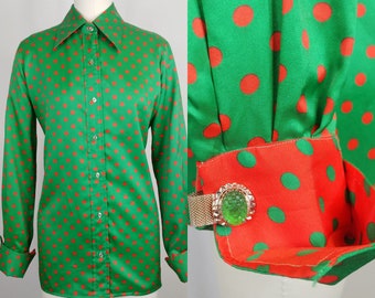 1960s Red and Green Polka Dot Polyester Button Down Blouse | Vintage 60s Menswear Dagger Collar Top | Women's Clothing