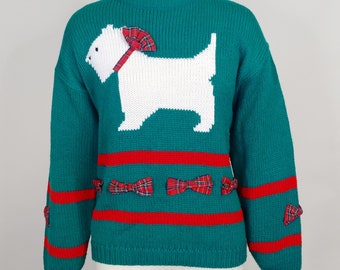 1980s Scottie Dog Sweater | Vintage 80s Green Red Long Sleeve Pullover Sweater | Womens Clothing
