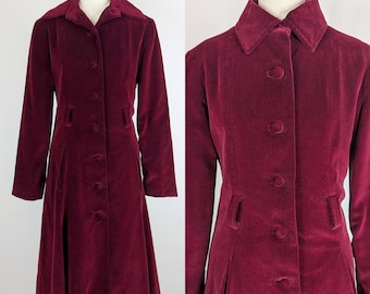1960s Marguerite Rubel Wine Velveteen Princess Coat | Vintage 60s Burgundy Velvet Over Coat