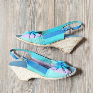 1970s Pastel Rainbow Stripe Peepetoe Slingbacks | Vintage 70s Blue Purple Green Espadrille Wedges | Women&#39;s Shoes 9