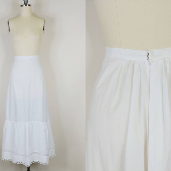 Victorian Summer White Cotton Lace Petticoat | 1900s 1910s Edwardian White Maxi Skirt | Womens Antique Lingerie Large 30 Waist