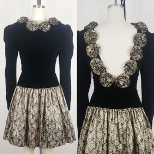 1980s Jessica McClintock Black Velvet Rose Party Dress | Vintage 80s Formal Dress