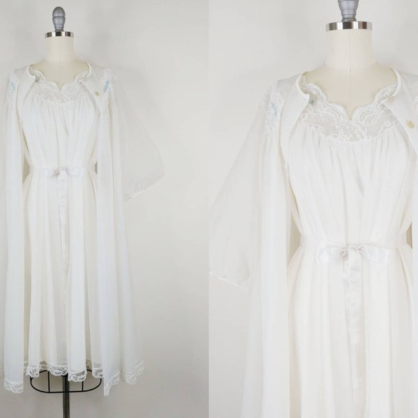 50er Jahre Shadowline Weiß Double Layer Chiffon Peignoir Set | Vintage 50er Jahre Nylon Nachthemd und Robe | Damen Schlafkleidung Loungewear Klein