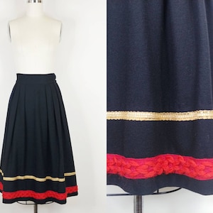 1950s Black Pleated Wool Folk Skirt | Vintage 50s Red Gold Full Skirt | Womens Clothing XS 25 Waist