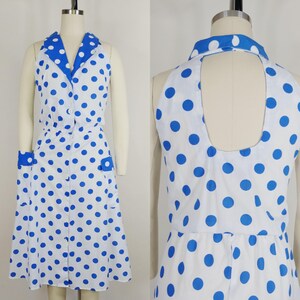 1980s Pin Up Volup Blue and White Polka Dot Halter Dress | Vintage 80s does 50s Sun Dress