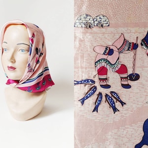 1970s Tony Eleanor Paine Canadian Arctic Scene Novelty Print Scarf | Vintage 70s Pink Eskimo Igloo Large Square Head Scarf