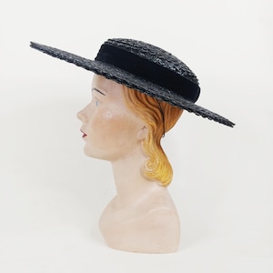 1950s Black Wide Brim Straw Hat | Vintage 50s Summer Sun Hat