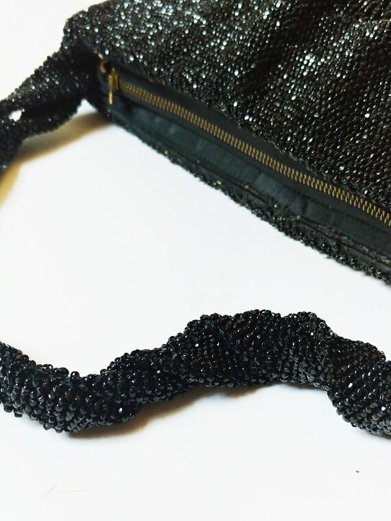 1940s Black Glass Bead Cloth Fringe Purse | Vinta… - image 6