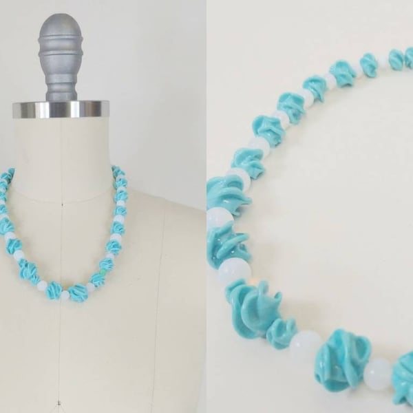 1950s Turquoise Blue Compressed Glass Bead Necklace | Vintage 50s Teal Swirl Hand Made Long Beaded Necklace | Women's Jewelry