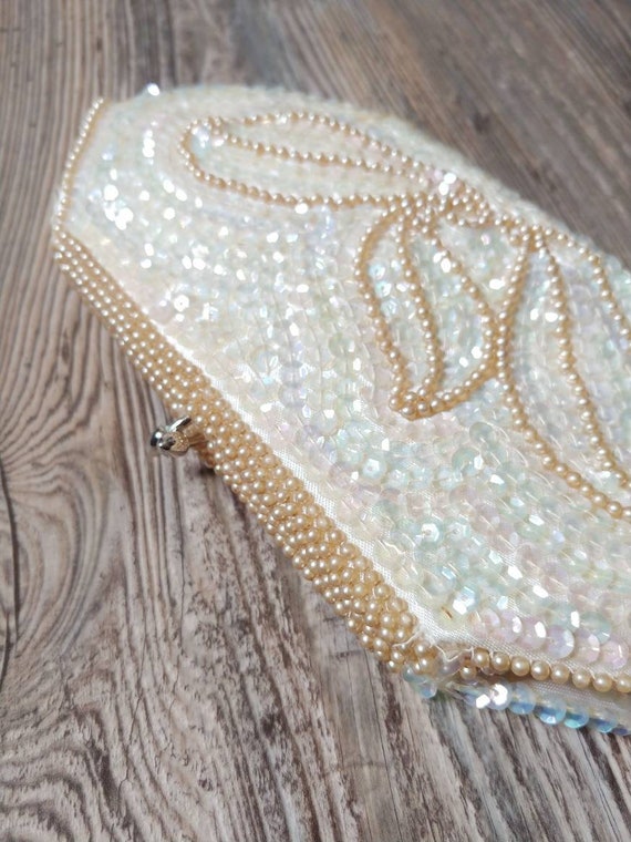 1960s Faux Pearl Sequin Beaded Purse | Vintage 60… - image 5