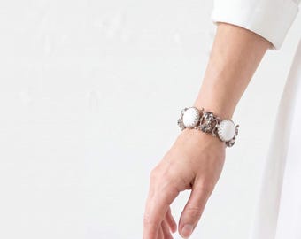 1950s Chunky Rhinestone Bracelet | Vintage White Cabochon Costume Jewelry
