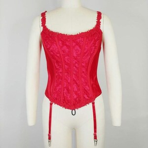 1990s Cherry Red Brocade Elizabethan Boned Bustier Corset Stocking Clips | Vintage 90s Women&#39;s Lingerie Shapewear 34 Small