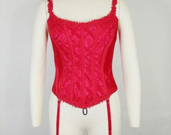 1990s Cherry Red Brocade Elizabethan Boned Bustier Corset Stocking Clips | Vintage 90s Women&#39;s Lingerie Shapewear 34 Small