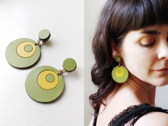 1960s Leather Mod Earrings | Vintage 60s Avocado … - image 1