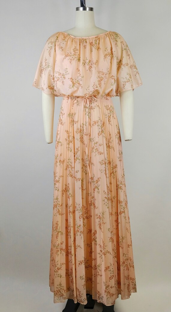 1970s Peach Daisy Print Polyester Maxi Dress | Vi… - image 4