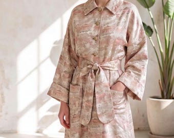 1940s Silk Satin Brocade House Robe | Vintage 40s Asian Dressing Gown