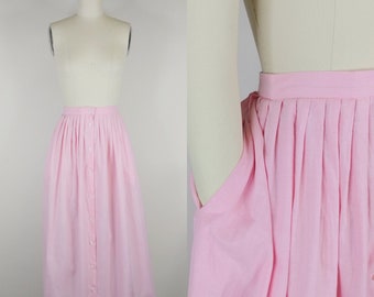 1980s Ralph Lauren Pink Cotton Skirt | Vintage 80s  High Waist Pleated Skirt with Pockets