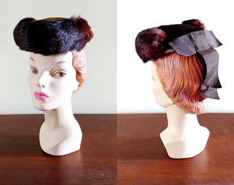 1940s Brown Velvet and Fur Tilt Hat | Vintage 40s Dark Brown Russian Style Hat with Bow | Womens Fall Winter Hats