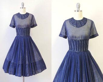 1950s Navy Blue Sequined Cotton Voile  Dress | Vintage 50s Hostess Dress | Women's Clothing