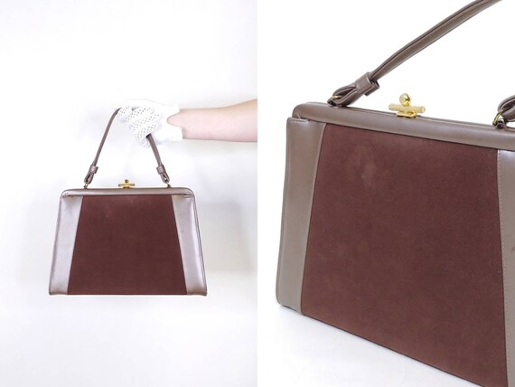 1960s Chocolate Brown Suede Vinyl Handbag  | Vint… - image 1