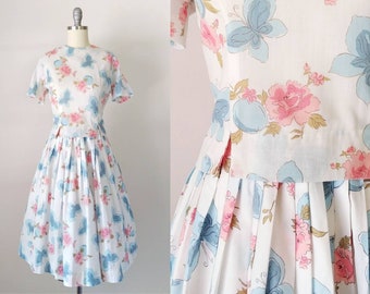 1960s Butterfly Fruit Floral Two Piece Set | Vintage 60s Blue Pink White Novelty Print Button Down Blouse and Skirt XS 25 Waist