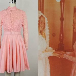 1970s Coral Pink Cocktail Dress | Vintage 70s Lace Long Sleeve Accordian Pleat Formal Dress | Mother of the Bride Dress XS
