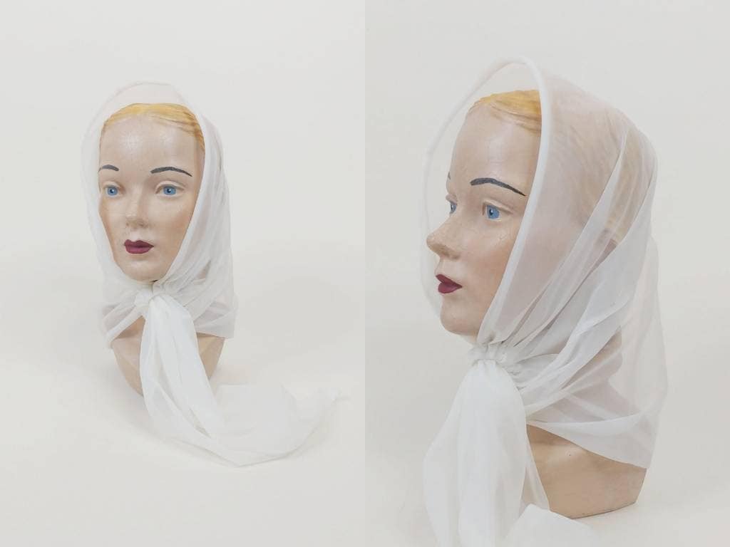 1960s White Nylon Chiffon Head Scarf Vintage 60s Sheer Bonnet