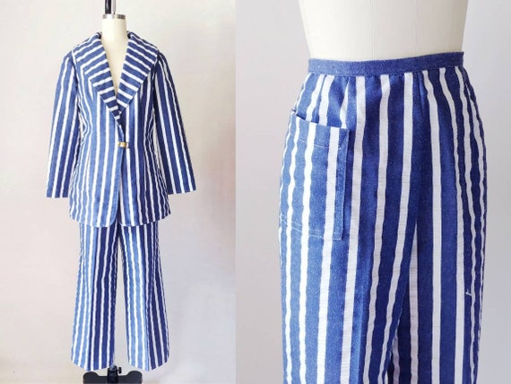 1970s Denim Seersucker Pant Suit | Vintage 70s Blu