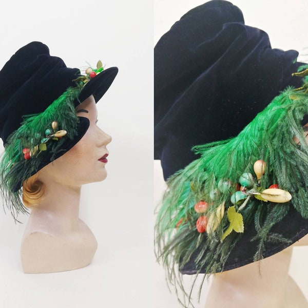 1910s 1920s Midnight Navy Blue Velvet Ostrich Feather Berries Cloche Hat | Antique Edwardian Brimmed Top Hat | Women's Mad Hatter Hat