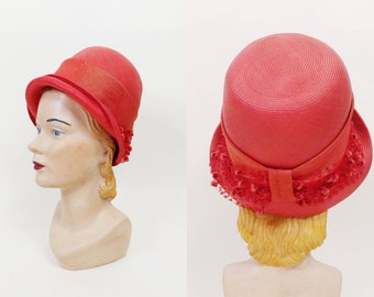 1960s Dale Kelly Red Woven Straw Cloche | Vintage 60s does 20s Brimmed Hat | Women's Spring Summer Hats