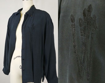 1990s Paintbrush Embroidered Black Silk Blouse | Vintage 90s Button Down Shirt